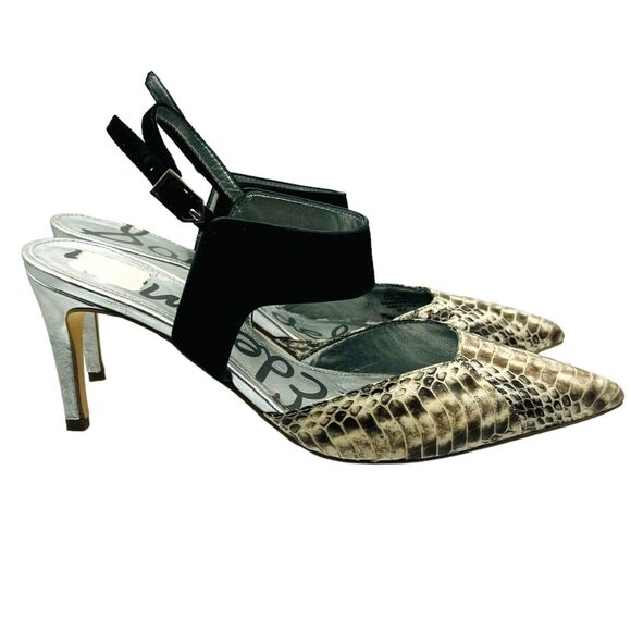Sam Edelman Ola Slingback Pumps Womens 8.5M Ivory Black Snake Print Pointed Toe - Picture 3 of 16